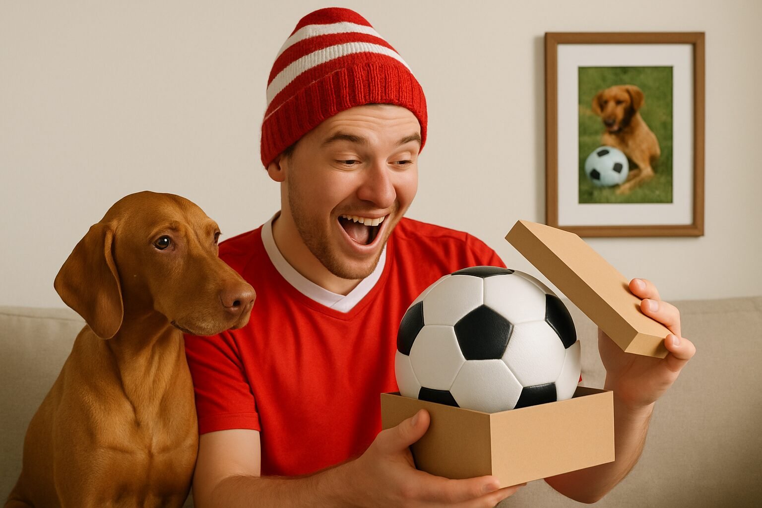 Football fan opening a gift with dog